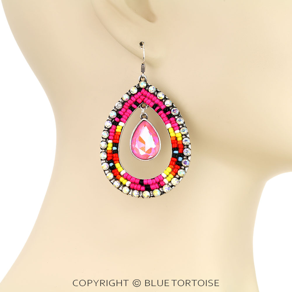 Seed Bead & Stone Teardrop Dangle Earrings - Image 2