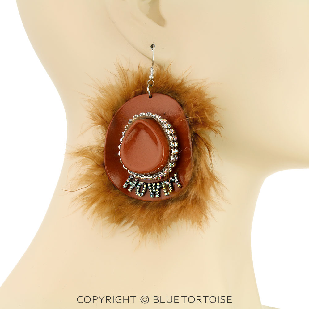 3D "HOWDY" Cowboy Hat with Fur Dangle Earrings - Image 2