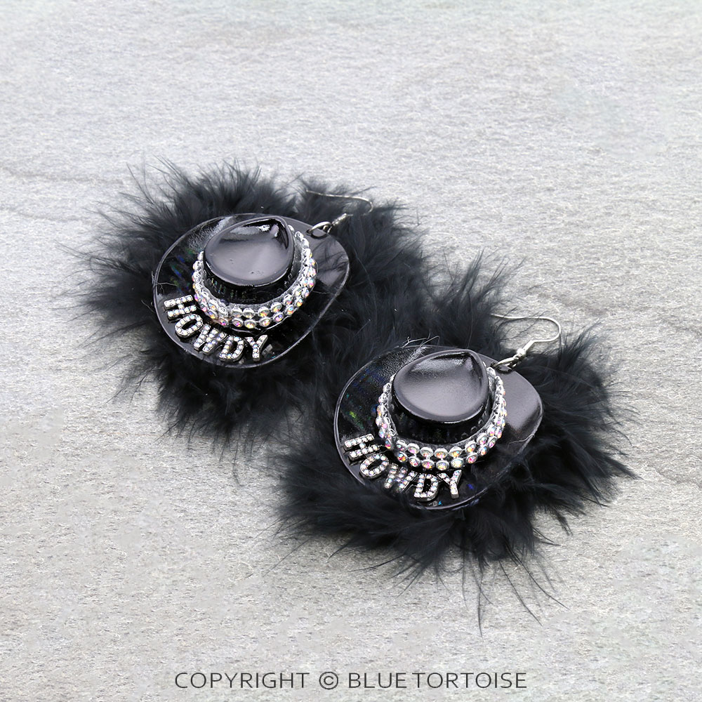 3D "HOWDY" Cowboy Hat with Fur Dangle Earrings