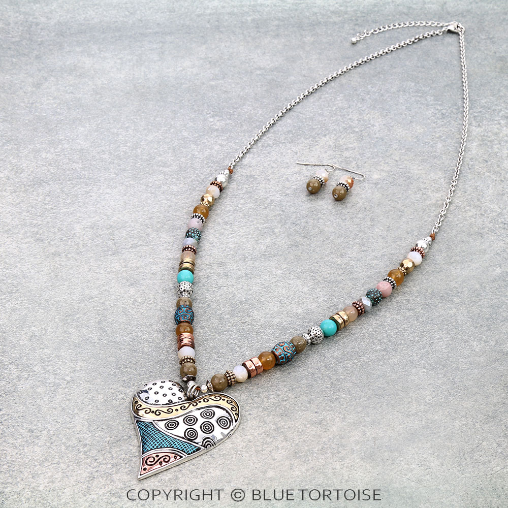 Western Multi Bead with Heart Pendant Necklace Set