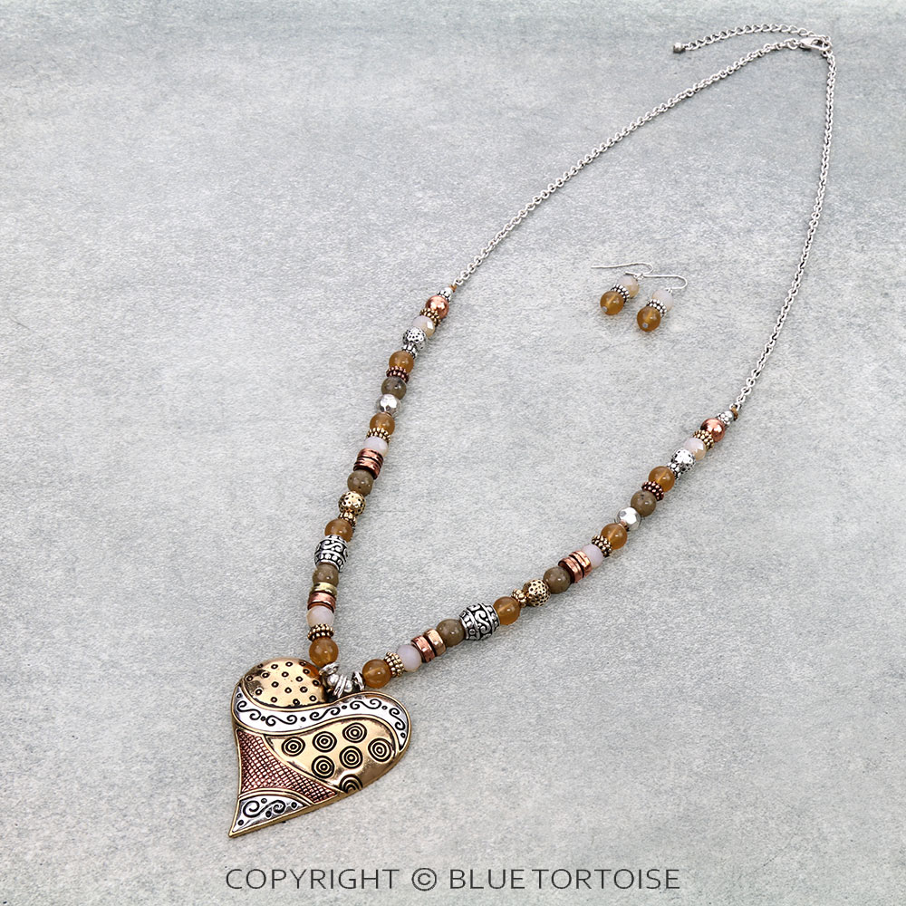 Western Multi Bead with Heart Pendant Necklace Set
