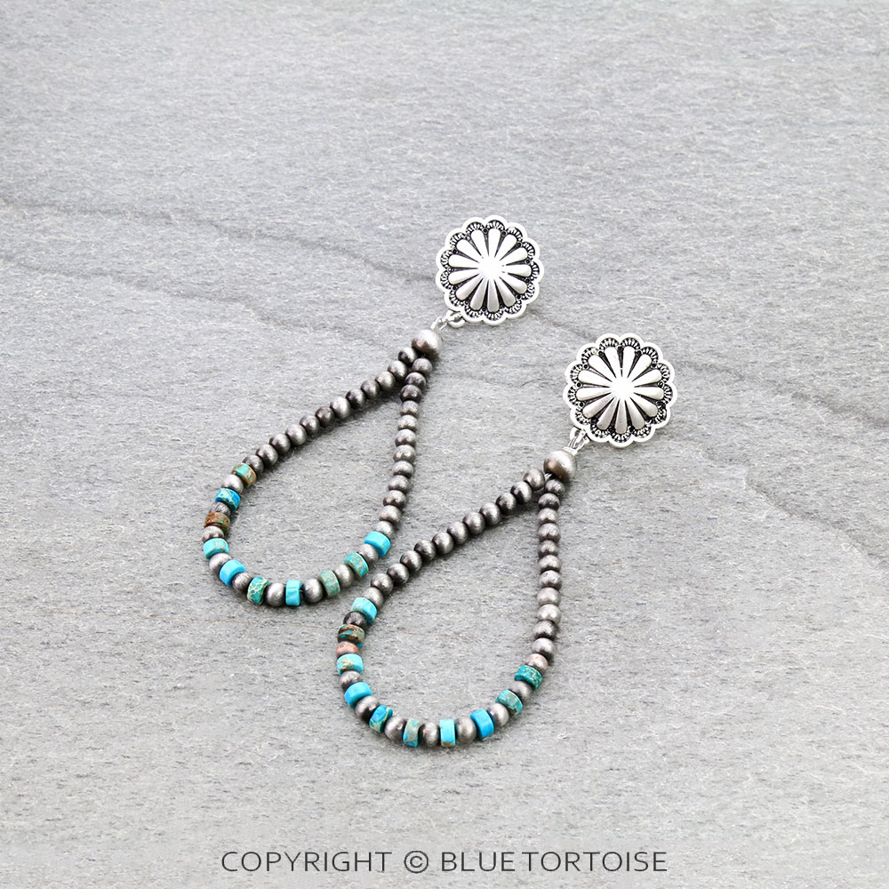 3.5" Long, 4mm Navajo Style Pearl, Concho Post Earrings
