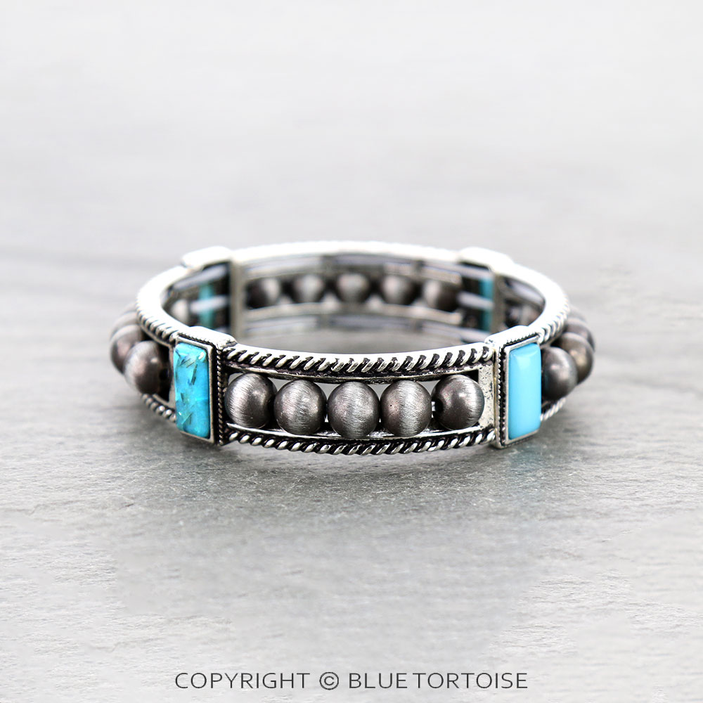 Navajo Style Pearl with Rectangle Stone Stretch Bracelet
