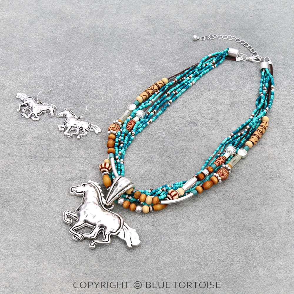 Western Multi Bead with Horse Pendant Necklace Set