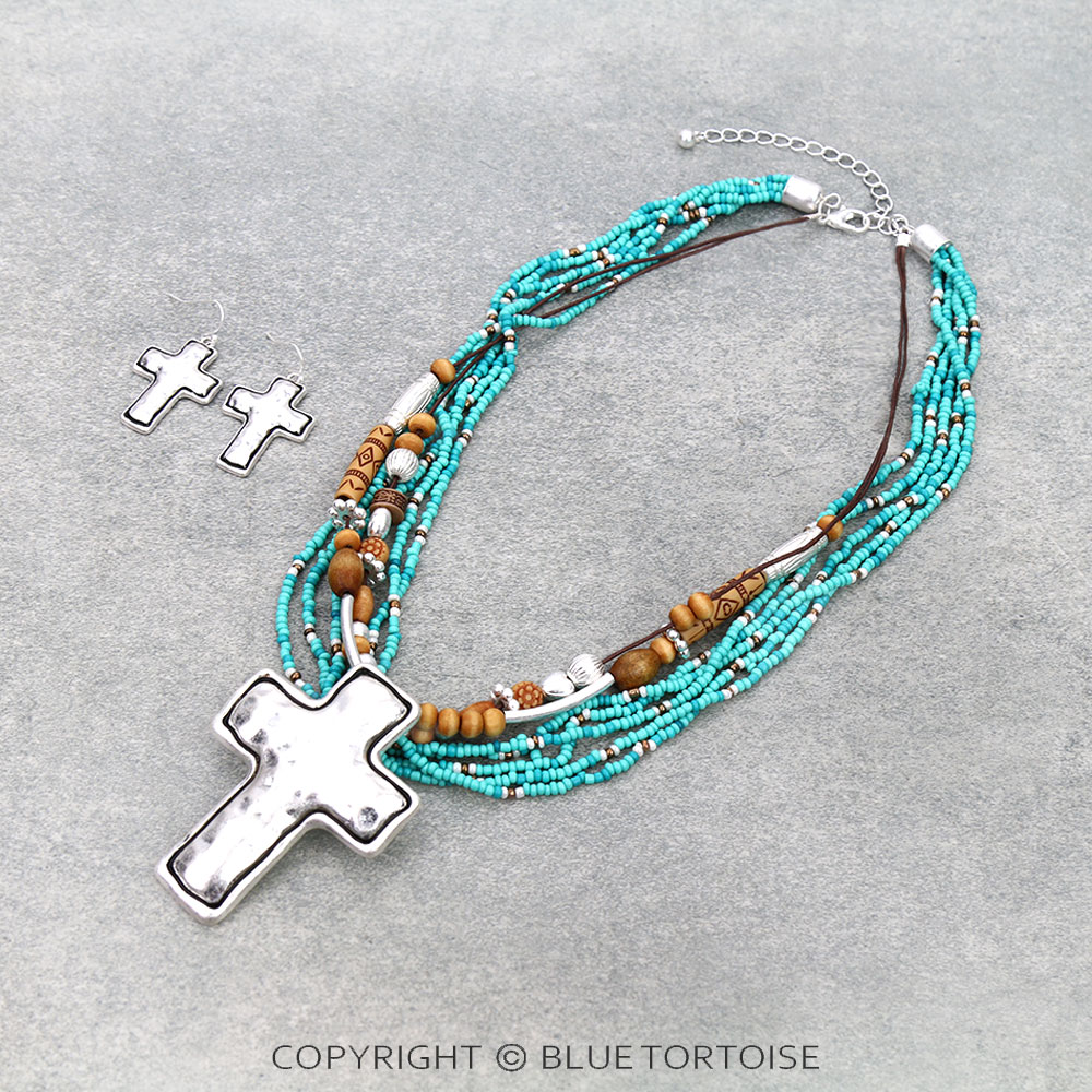 Western Multi Bead with Cross Pendant Necklace Set