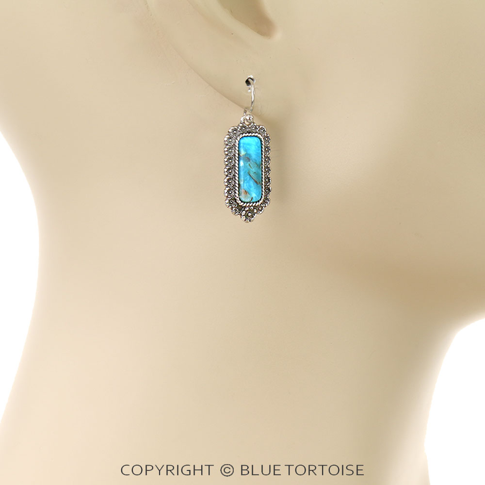 Western Rectangle Hand Craft Stone Dangle Earrings - Image 2