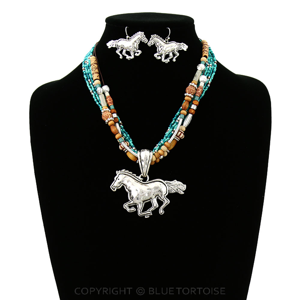 Western Multi Bead with Horse Pendant Necklace Set - Image 2