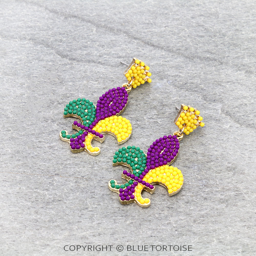 Mardi Gras/Fleur De Lis Seed Bead Stud Earrings