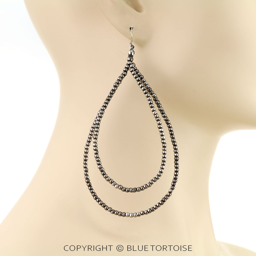 4" Long Navajo Style Pearl Double Teardrop Dangle Earrings - Image 2