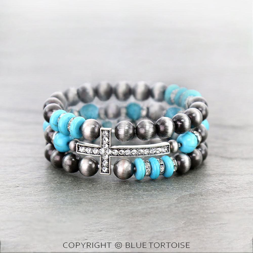 Navajo Style Pearl with Cross Stackable Bracelets - Image 3
