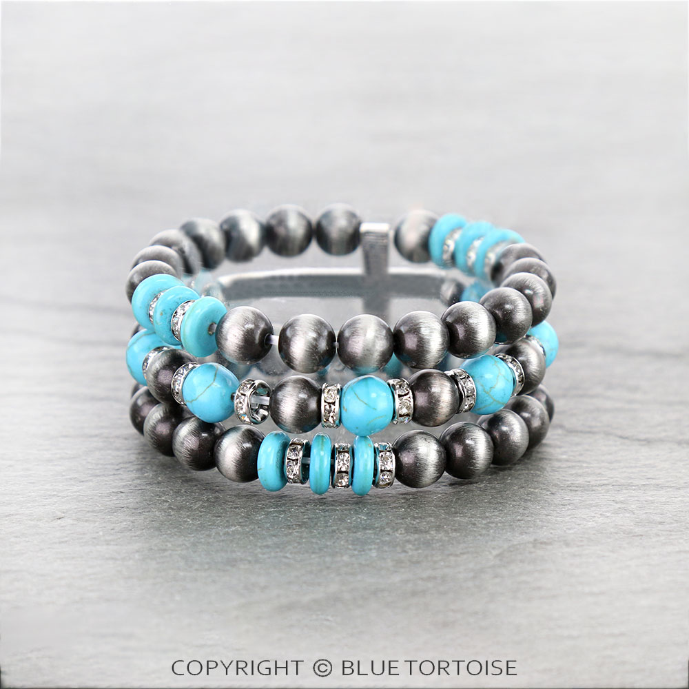 Navajo Style Pearl with Cross Stackable Bracelets - Image 2