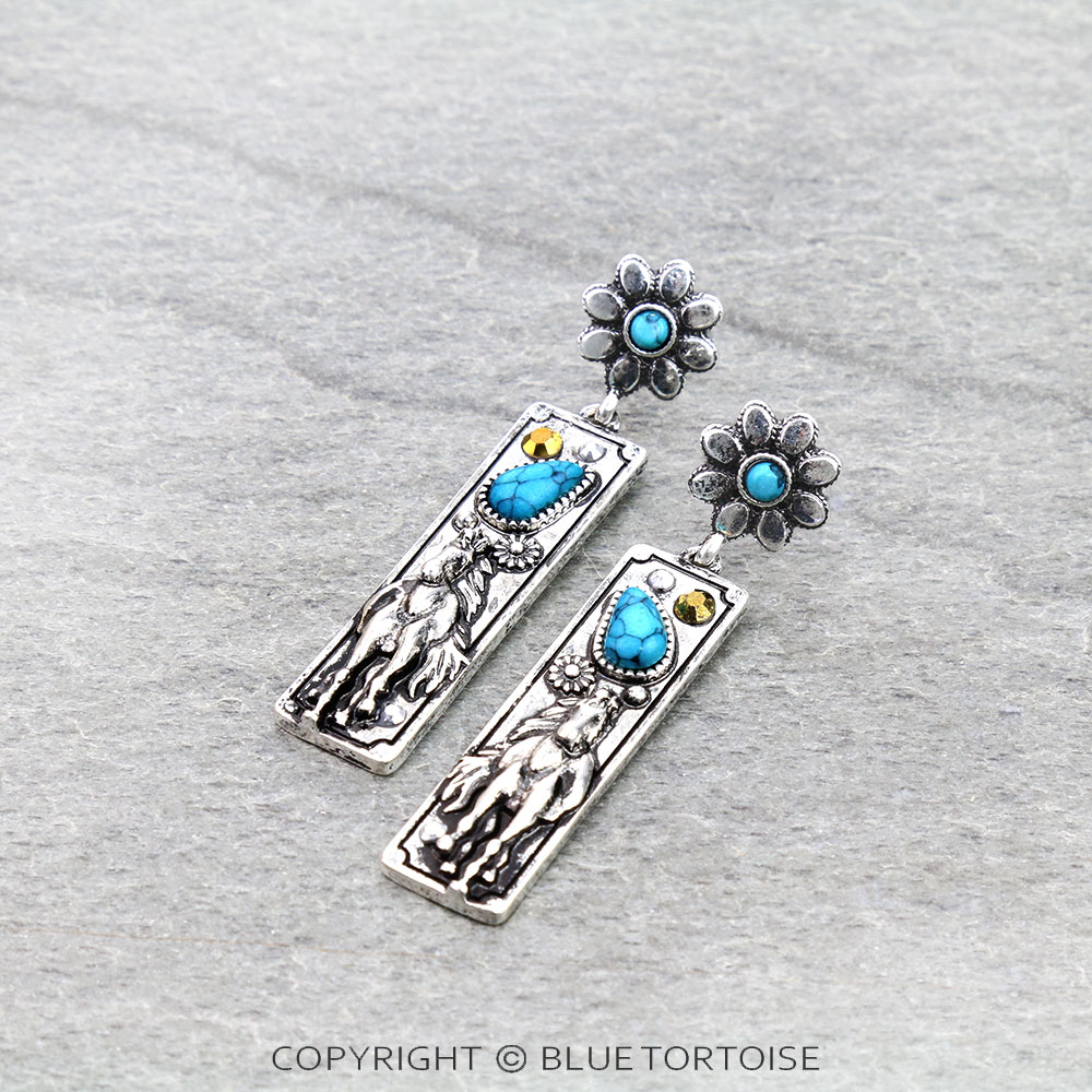 Western Horse Stone Bar Stud Earrings