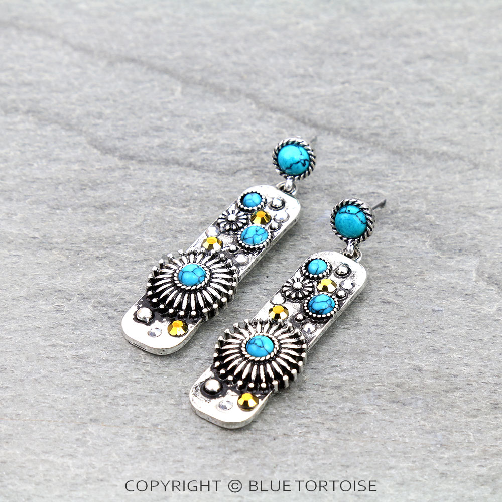 Western Concho Stone Bar Stud Earrings