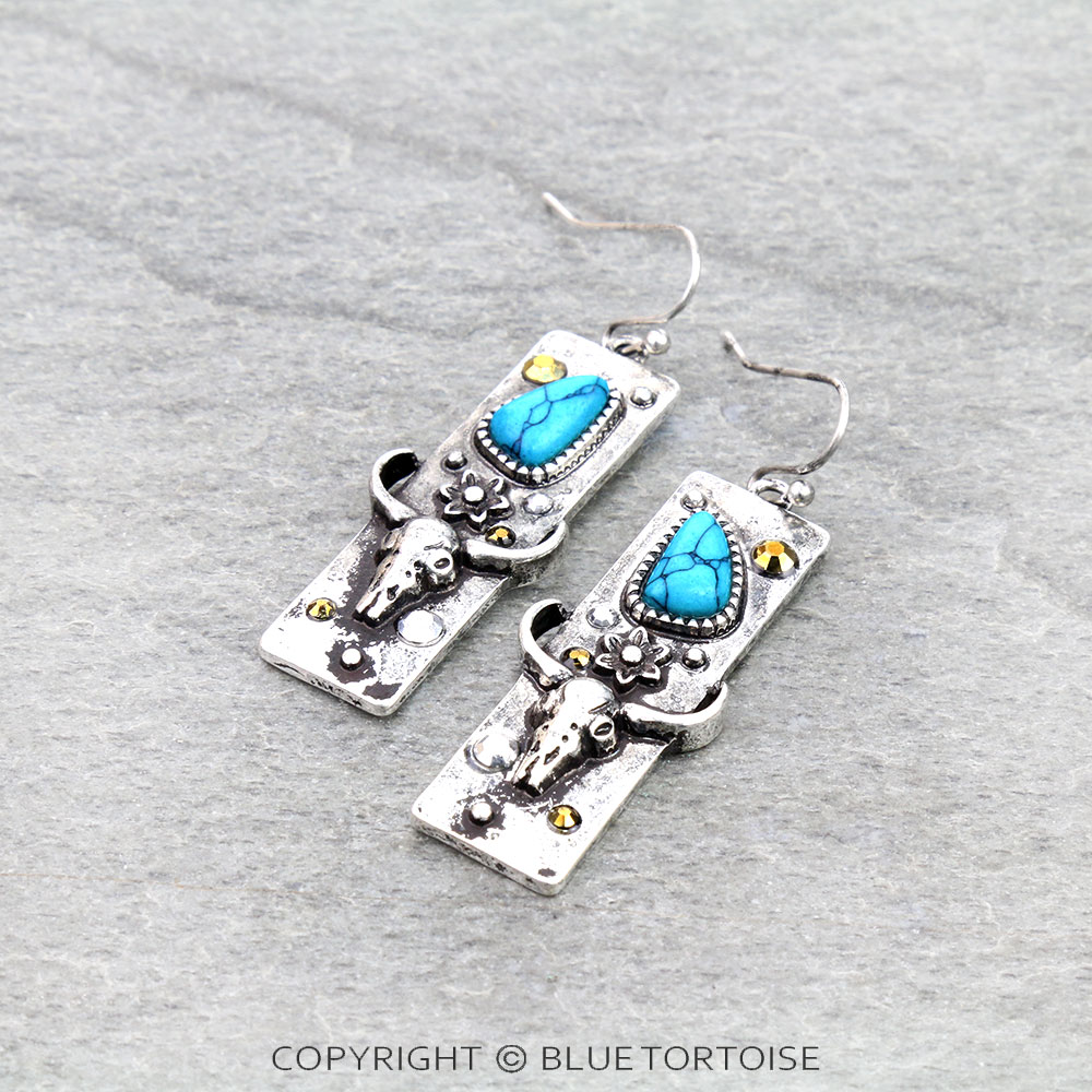 Western Steer Skull Stone Bar Dangle Earrings
