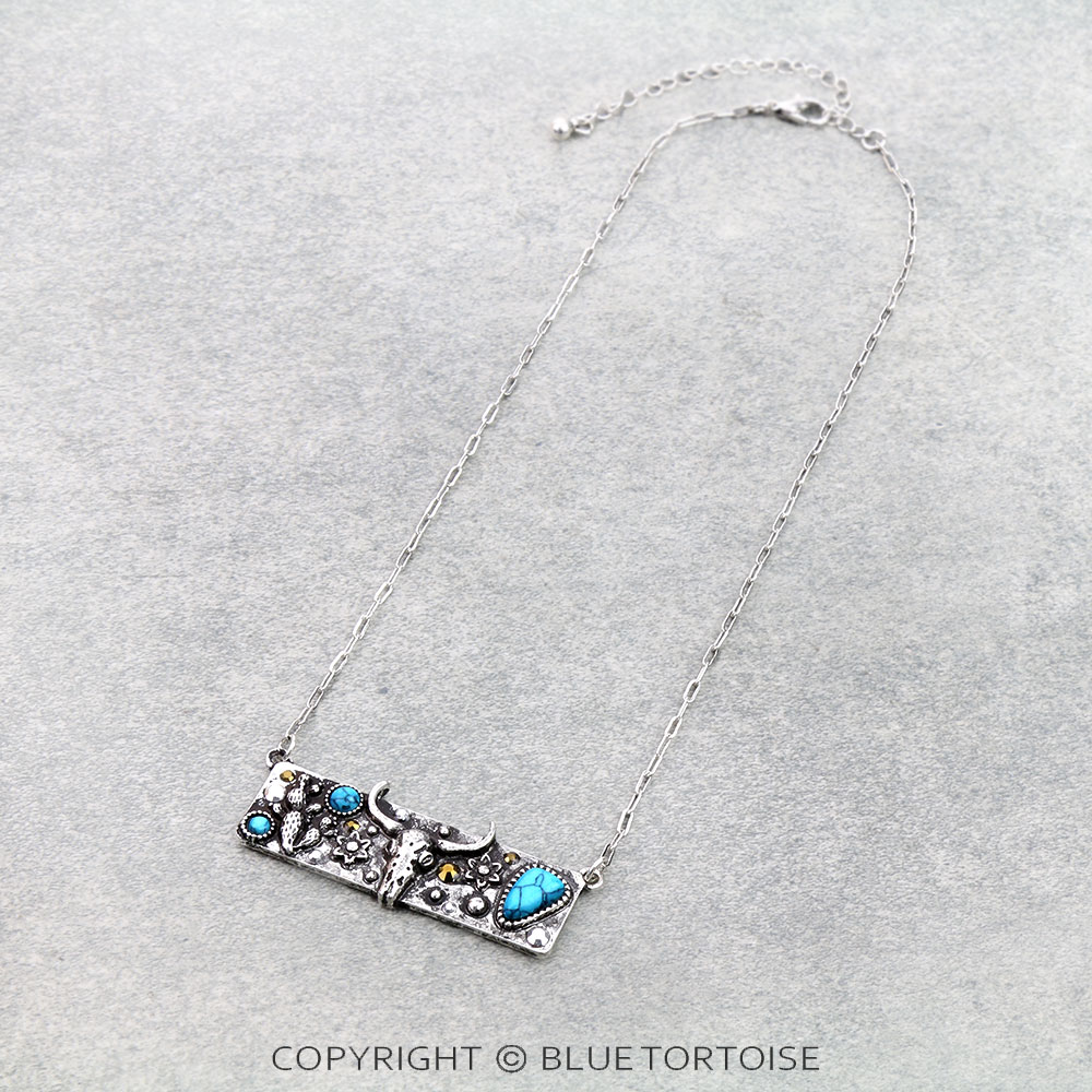 Western Steer Skull Stone Bar Necklace
