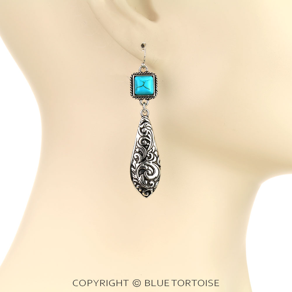 Western Floral Design Hand Stone Dangle Earrings - Image 2