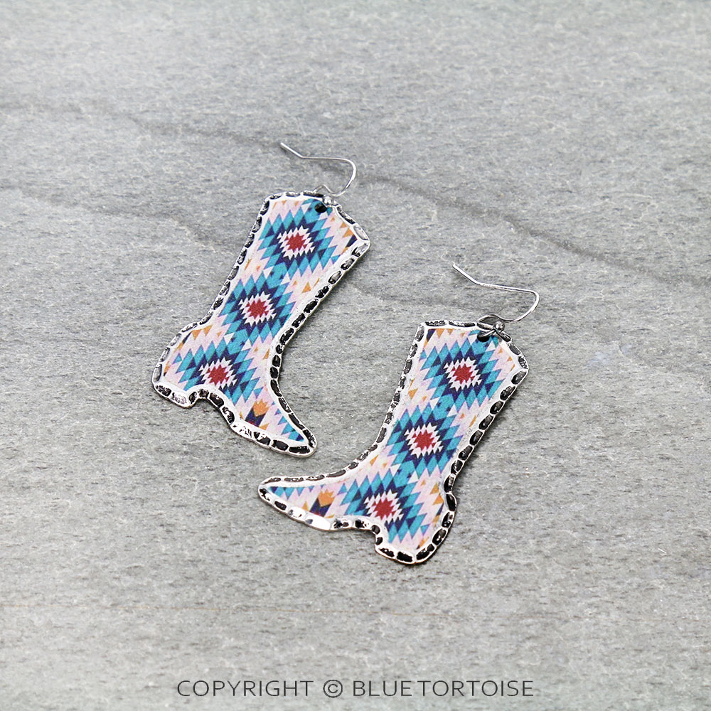 Western Aztec Print Stamping Boot Dangle Earrings