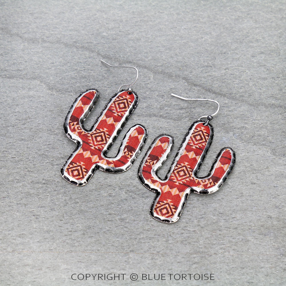 Western Aztec Print Stamping Cactus Dangle Earrings
