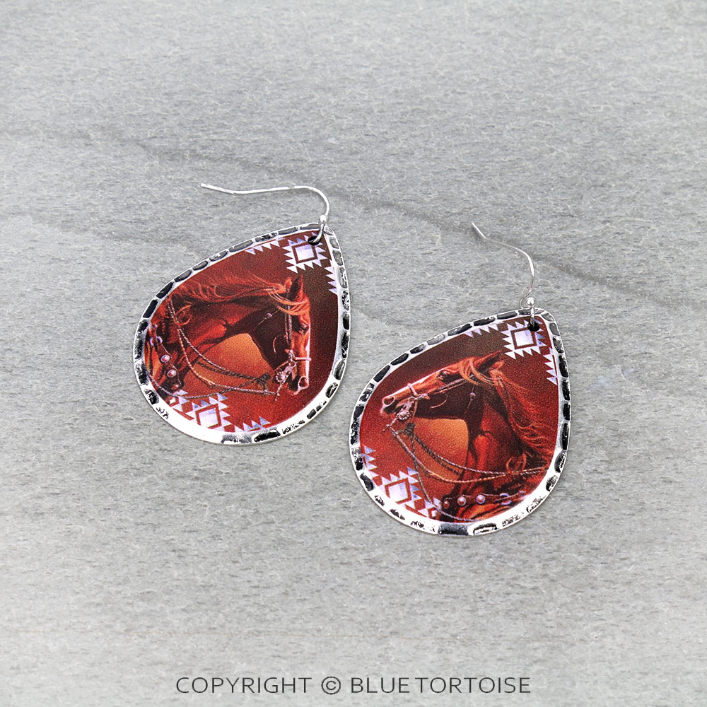 Western Horse Print Stamping Teardrop Dangle Earrings