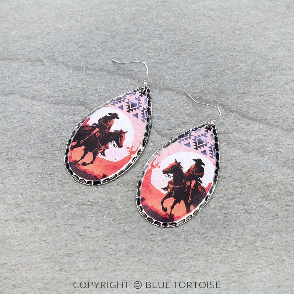 Western Cowboy Print Stamping Teardrop Dangle Earrings