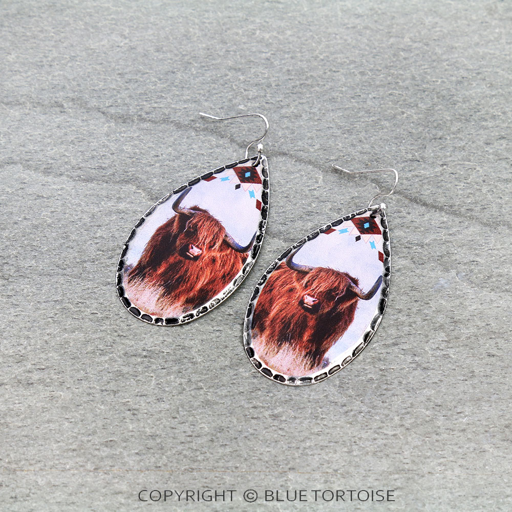 Western Highland Cow Print Stamping Teardrop Dangle Earrings