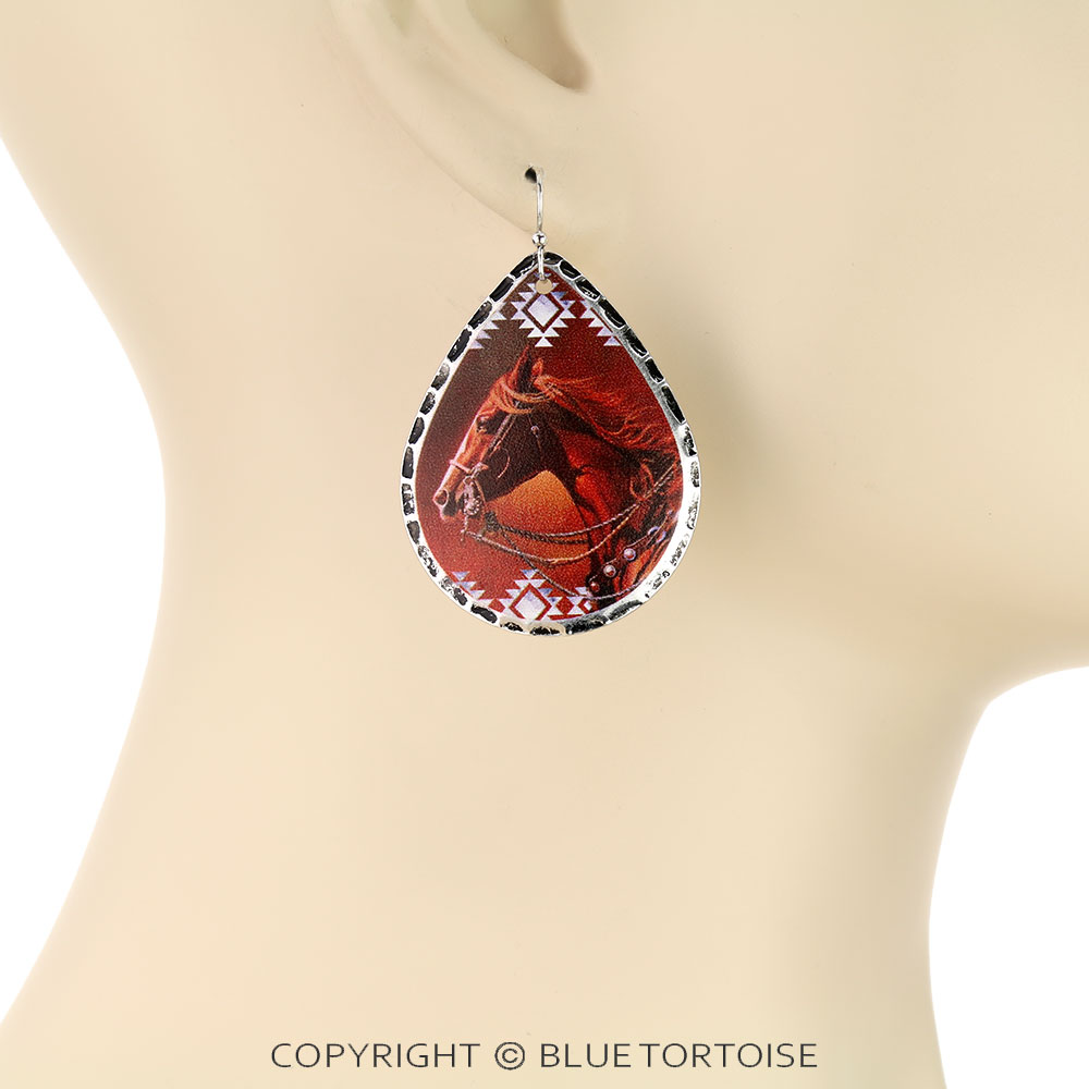 Western Horse Print Stamping Teardrop Dangle Earrings - Image 2