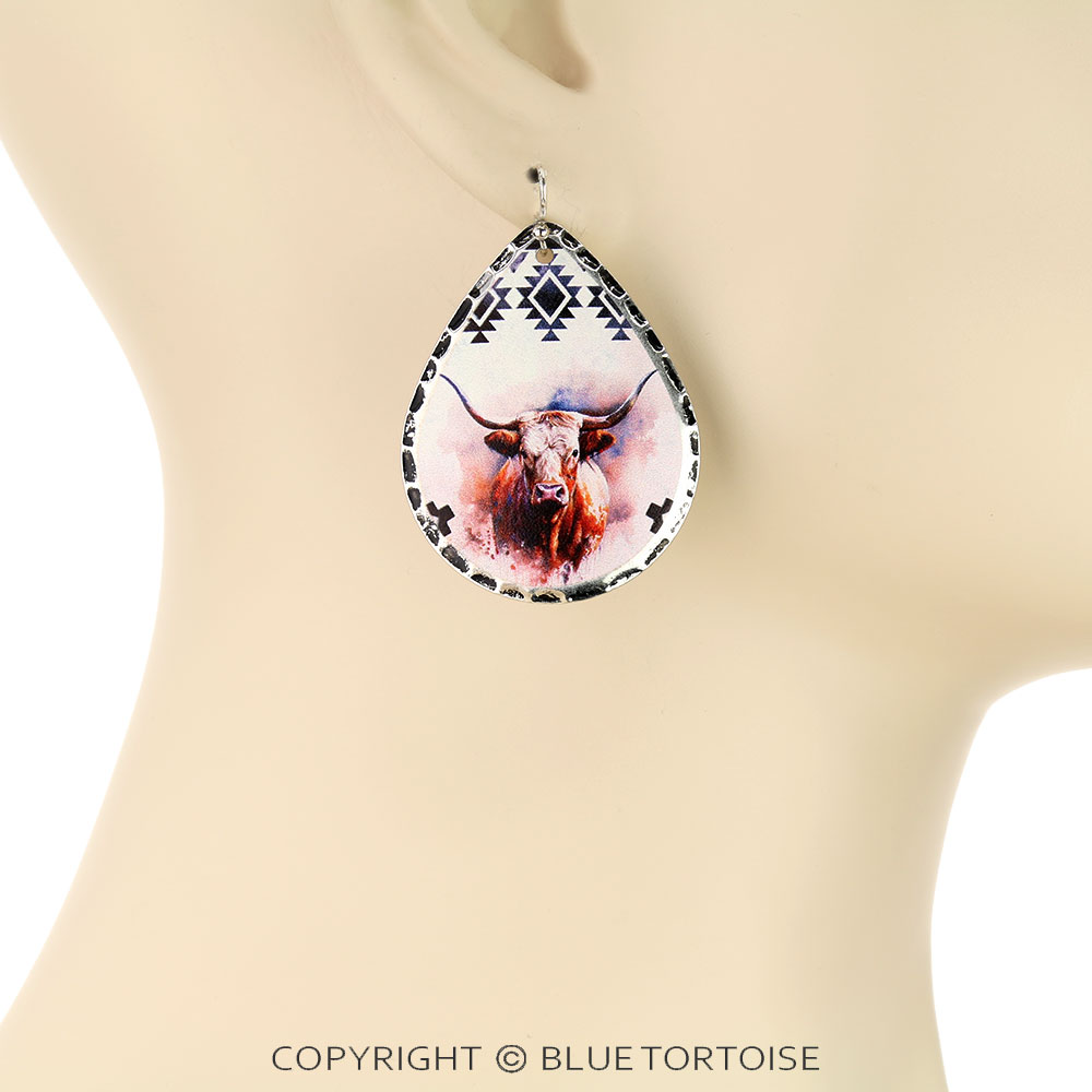Western Steer Cow Print Stamping Teardrop Dangle Earrings - Image 2