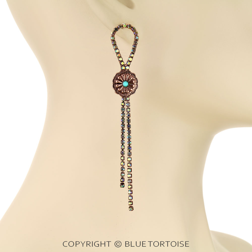 Western Concho with Stone Tassel Stud Earrings - Image 2