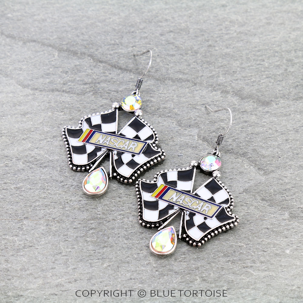 Epoxy Racing Logo with Stone Dangle Earrings