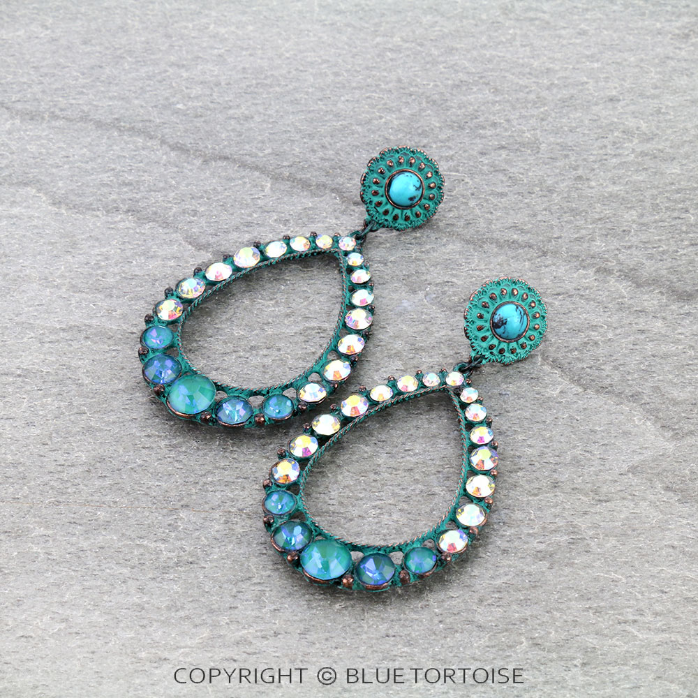 Metal Concho Teardrop with Stone Stud Earrings
