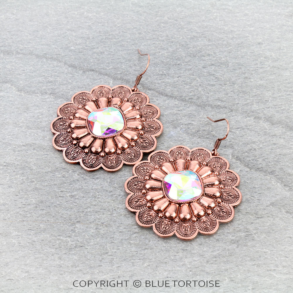 Metal Flower with Stone Dangle Earrings