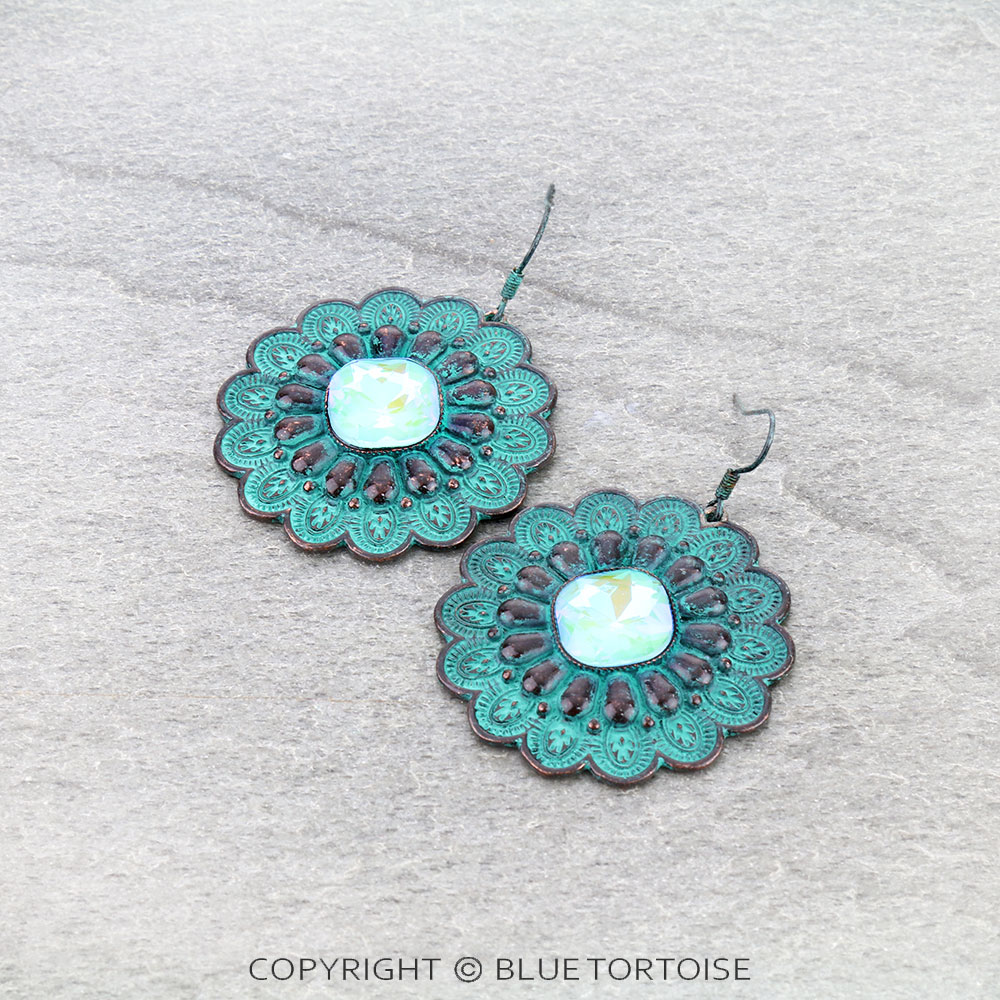 Metal Flower with Stone Dangle Earrings
