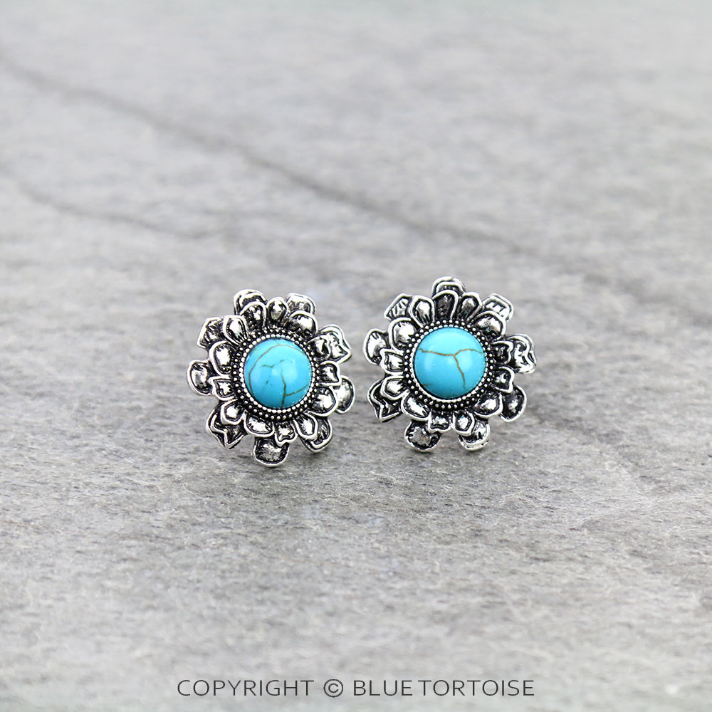 Western Flower with Round Stone Stud Earrings