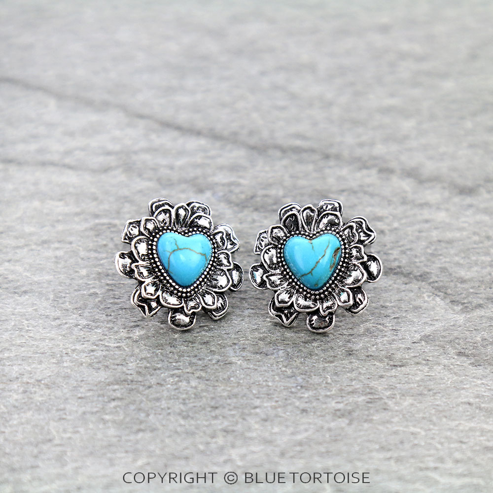 Western Flower with Heart Stone Stud Earrings