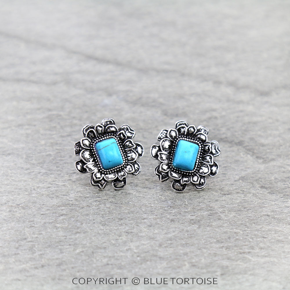 Western Flower with Rectangle Stone Stud Earrings