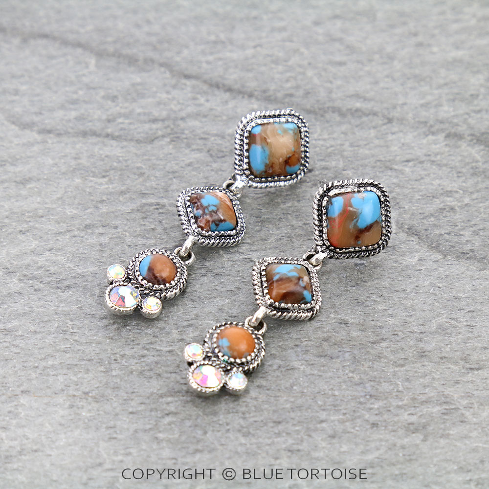 Western Square Stone Drop Stud Earrings