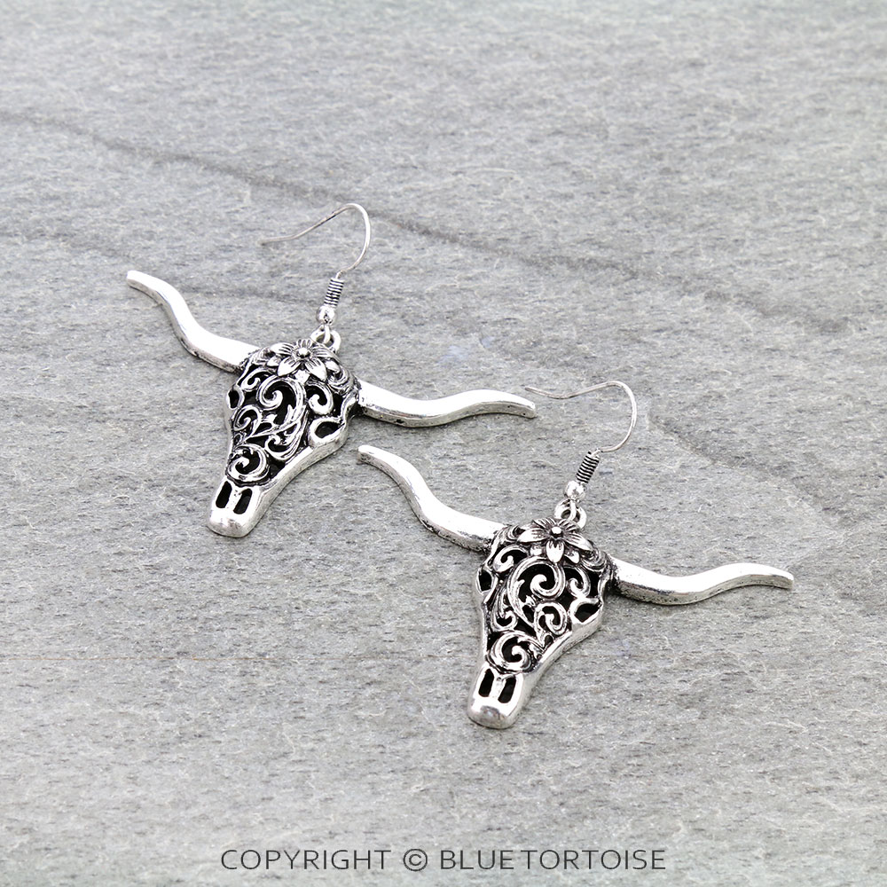 Western Filigree Steer Skull Dangle Earrings