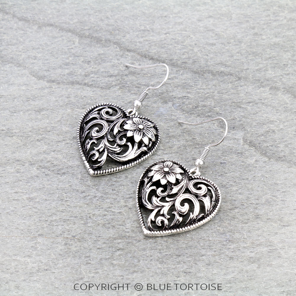 Western Filigree Heart Dangle Earrings