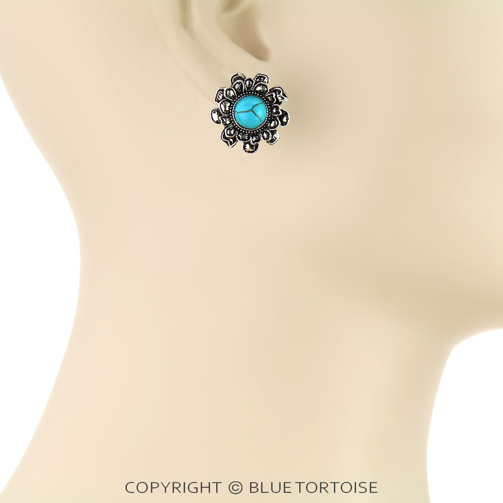 Western Flower with Round Stone Stud Earrings - Image 2