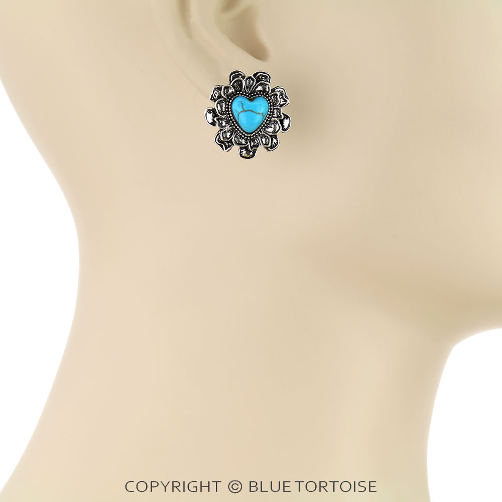 Western Flower with Heart Stone Stud Earrings - Image 2