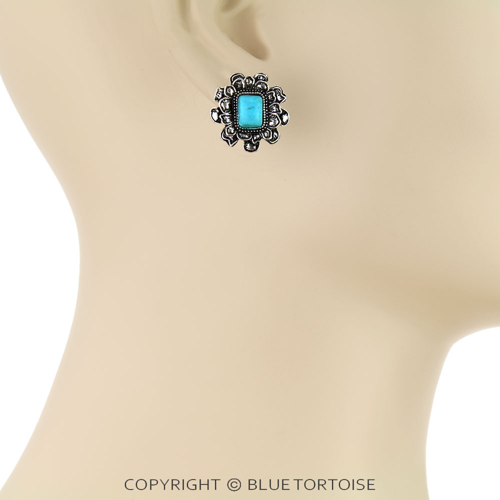 Western Flower with Rectangle Stone Stud Earrings - Image 2