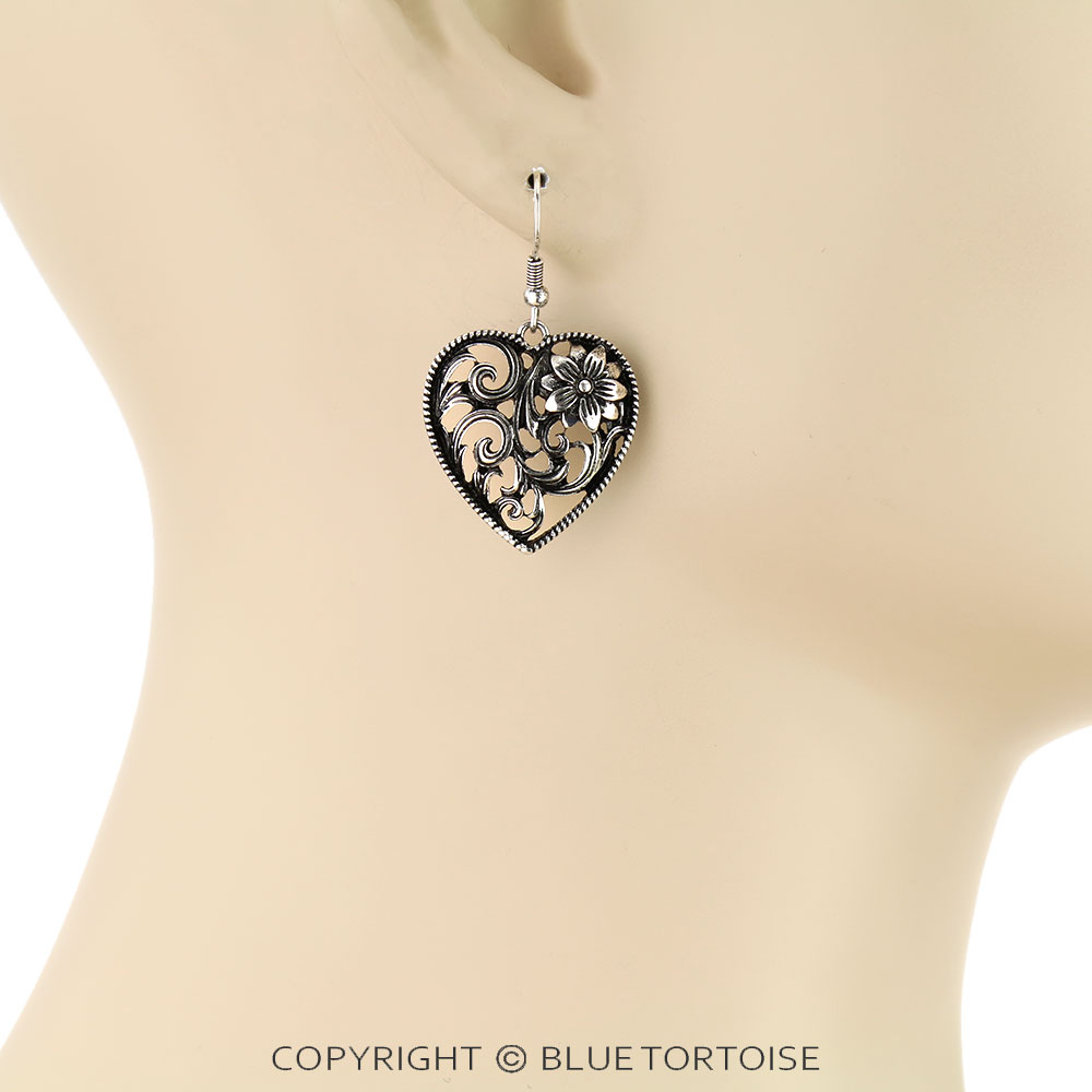 Western Filigree Heart Dangle Earrings - Image 2