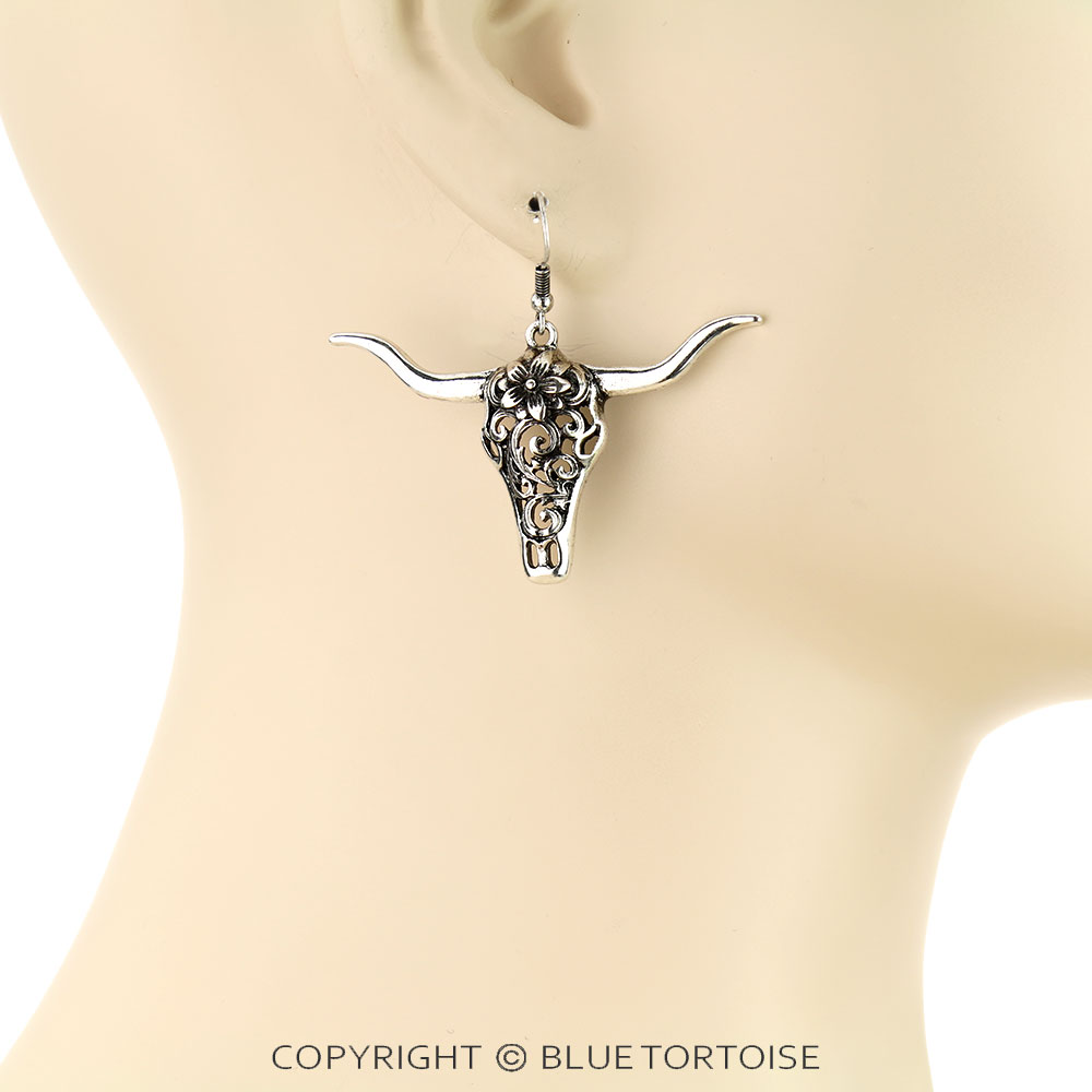 Western Filigree Steer Skull Dangle Earrings - Image 2