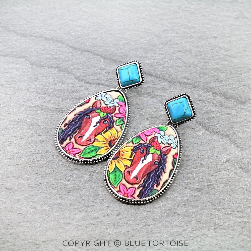 Western Horse Embossed Leather Stud Earrings