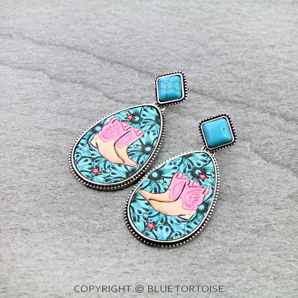 Western Cowboy Boots Embossed Leather Stud Earrings