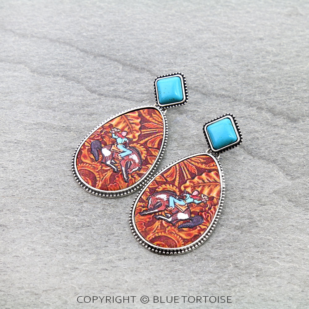 Western Cowboy Embossed Leather Stud Earrings