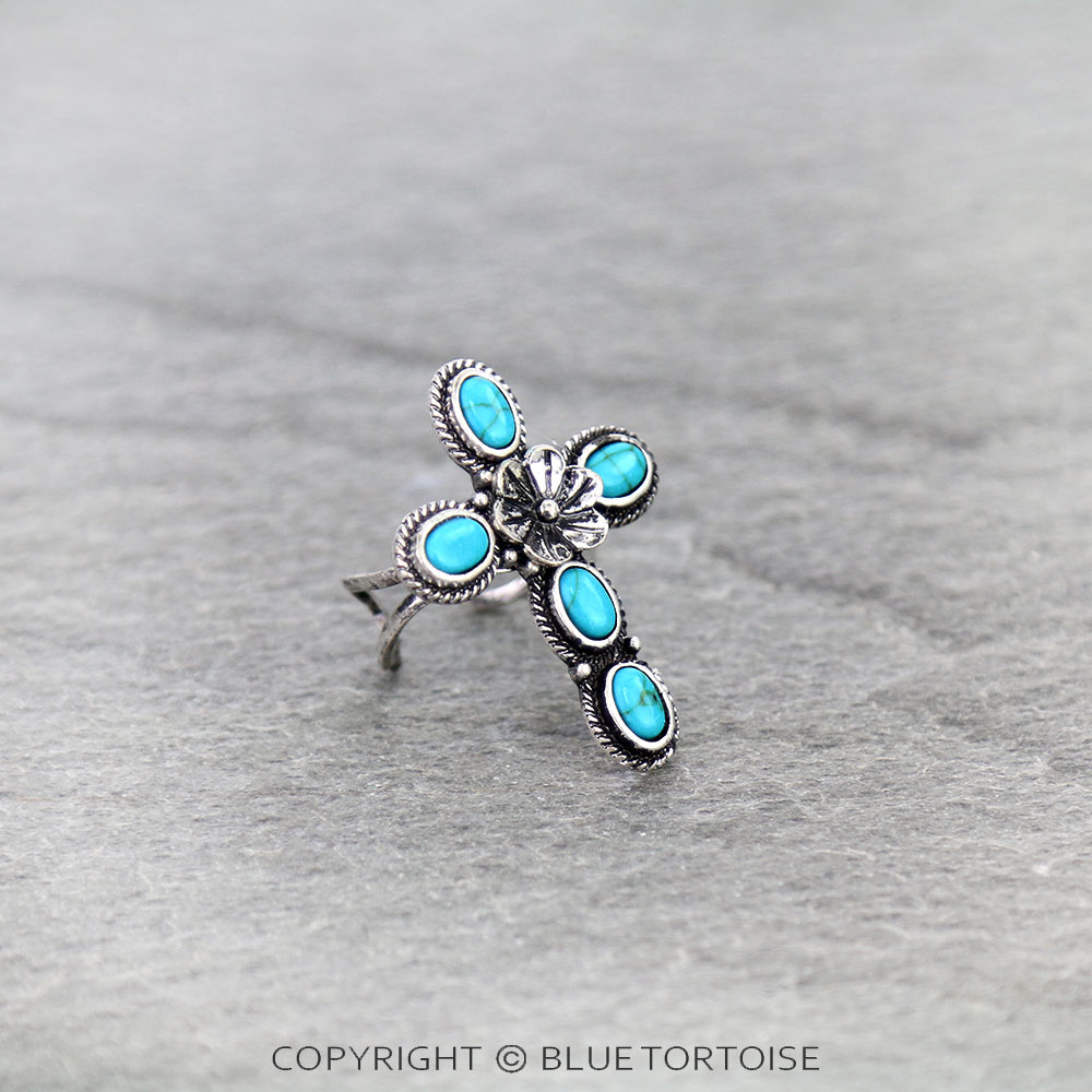 Western Flower Cross Stone Cuff Ring - Image 2