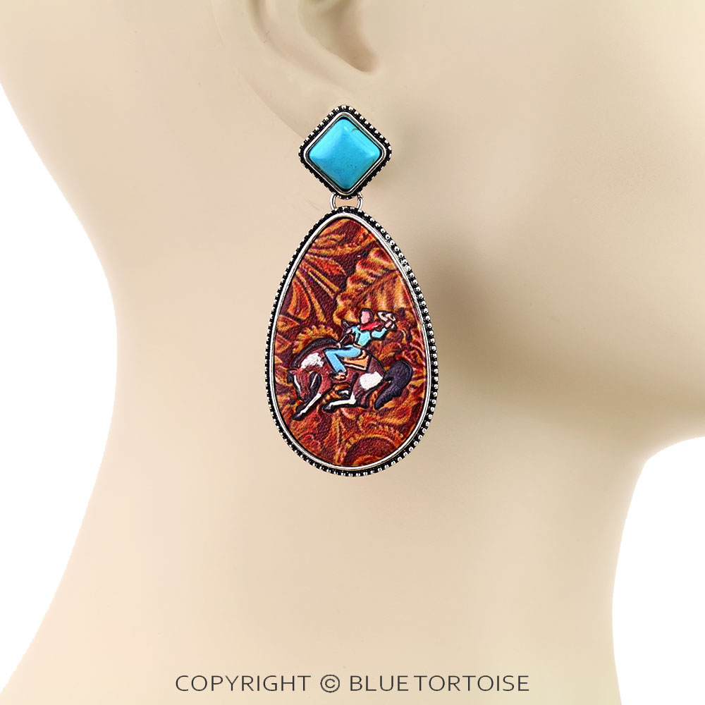 Western Cowboy Embossed Leather Stud Earrings - Image 2