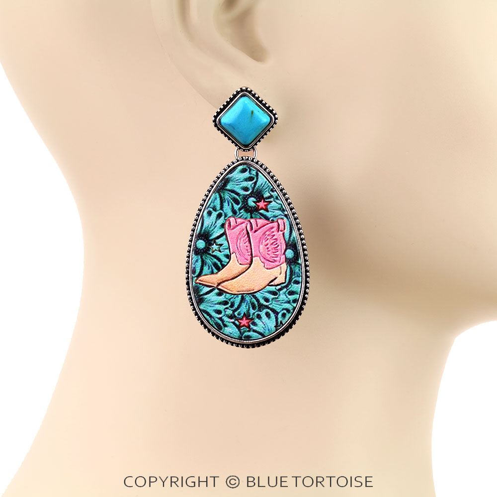 Western Cowboy Boots Embossed Leather Stud Earrings - Image 2