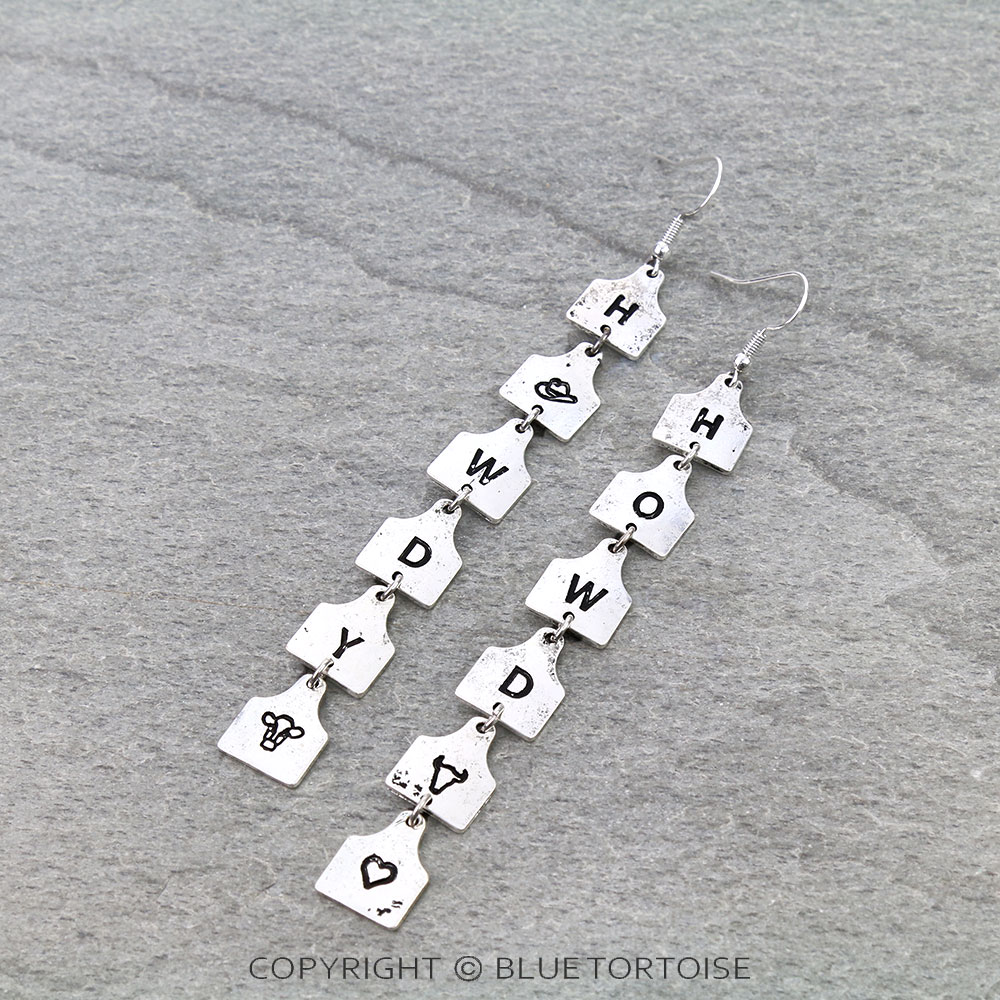 "HOWDY" Ear Tag Drop Dangle Earrings